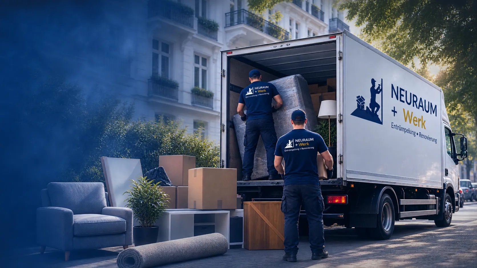 Zwei Mitarbeiter von NEURAUM + Werk laden Möbel, Kartons und einen Teppich vor einem Münchner Altbau in den Transporter
